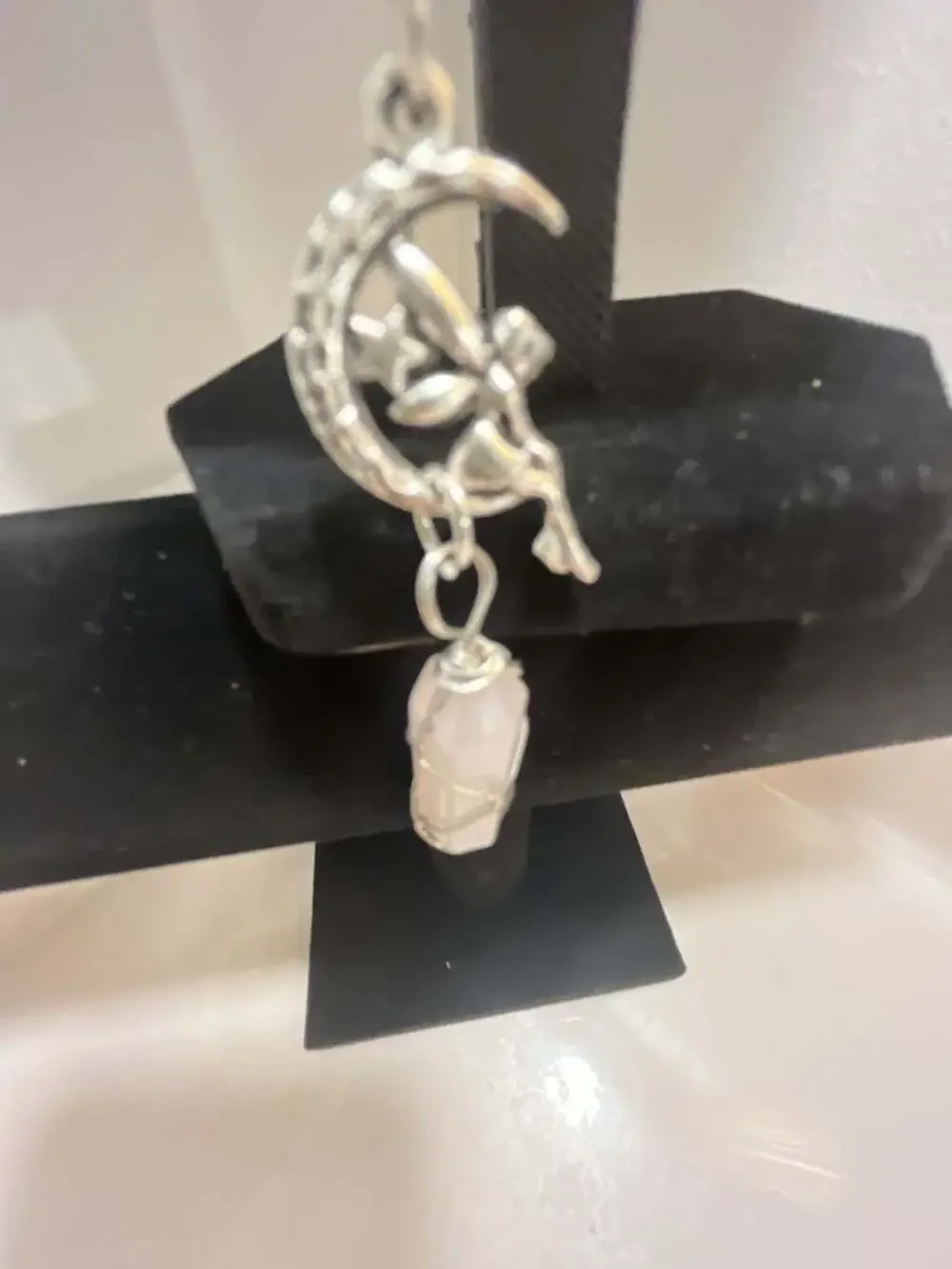 Wire Wrapped Rose Quartz Crystal and Crescent Moon Pendant Necklace